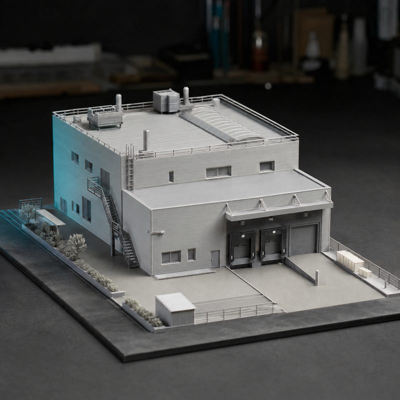 Architekturmodell eines Gewerbegebäudes mit Rampen und Außenanlage