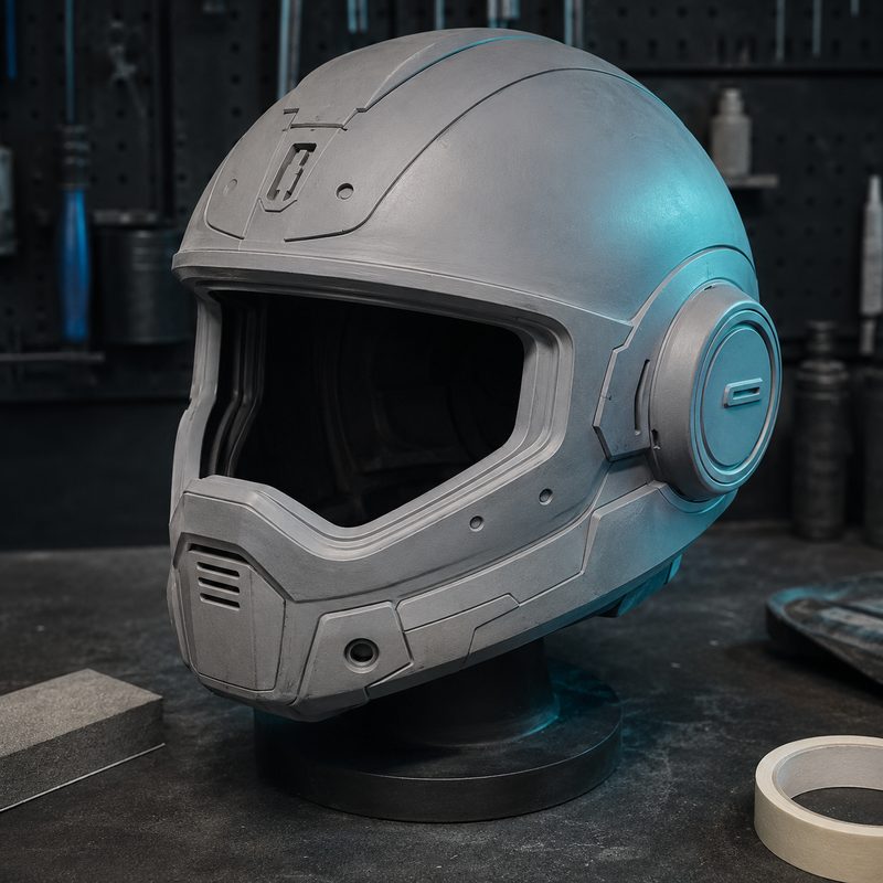 Grundierter Requisiten-Helm auf einem Standfuß
