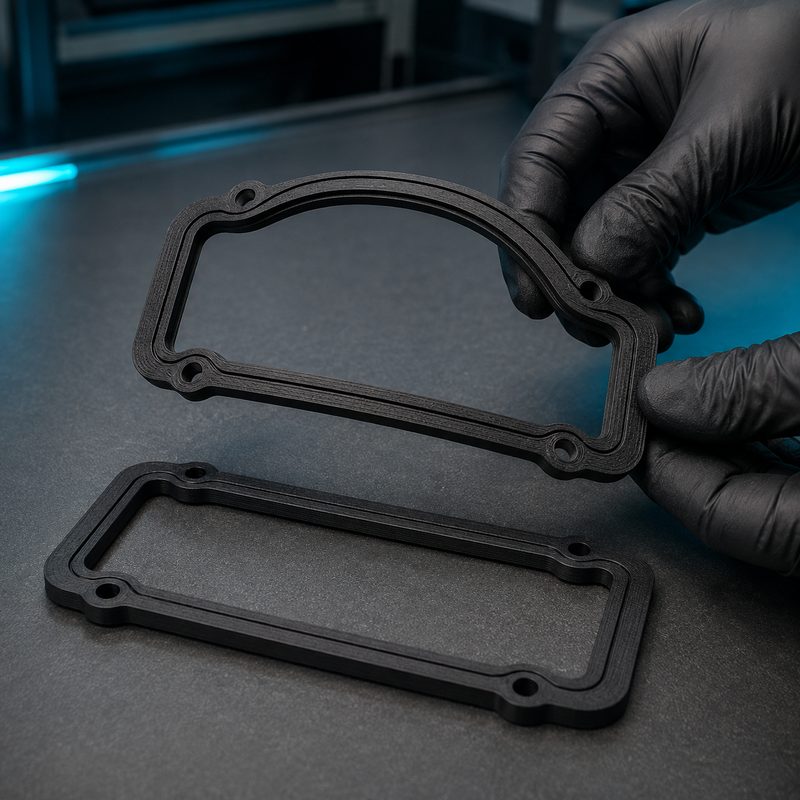 Zwei flexible Dichtungen aus TPU, eine davon in der Hand gehalten