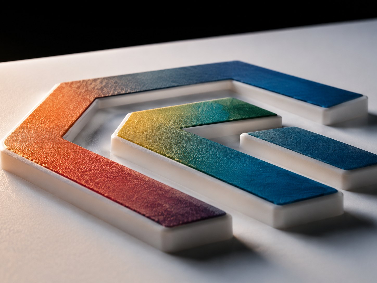 Erhaben gedrucktes Logo in einem Farbverlauf von Orange über Grün zu Blau, mehrere Millimeter hoch auf einer weißen Fläche aufgebaut, im Streiflicht mit sichtbarer Kantenhöhe