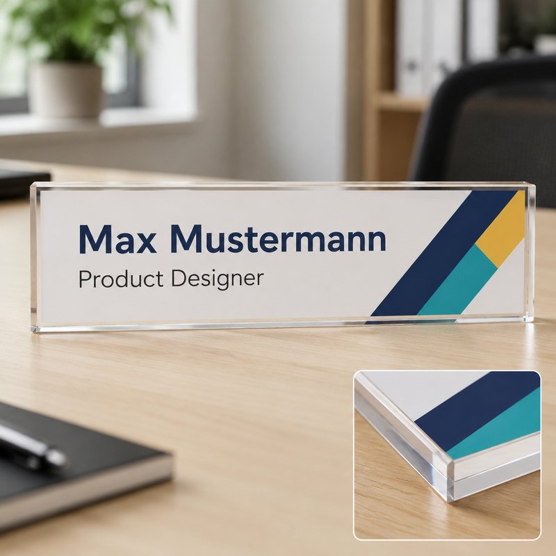 Tischaufsteller aus klarem Acryl mit Name, Funktionsbezeichnung und farbigem Grafikelement, auf einem hellen Schreibtisch