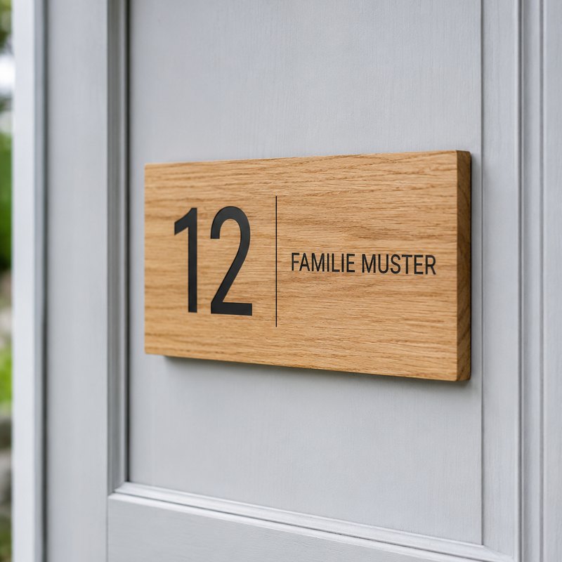 Türschild aus Eichenholz mit großer Hausnummer und Familiennamen in Schwarz, montiert auf einer hellgrauen Haustür