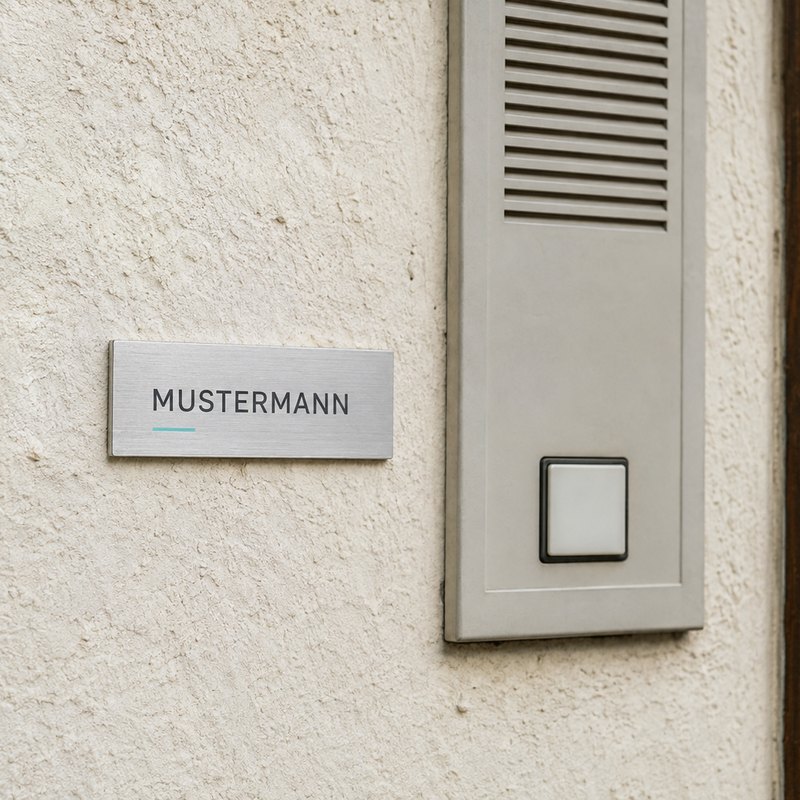Klingelschild aus gebürstetem Aluminium mit Namenszug und farbigem Akzentstrich, an einer verputzten Hauswand neben der Gegensprechanlage